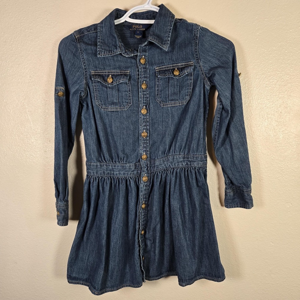 Polo Ralph Lauren Shirt Dress Girls Size 8 Blue Excellent Denim Button Front - Picture 2 of 9